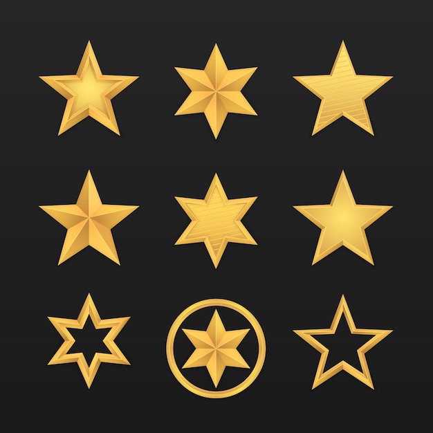 Set of realistic gold star isolated on black