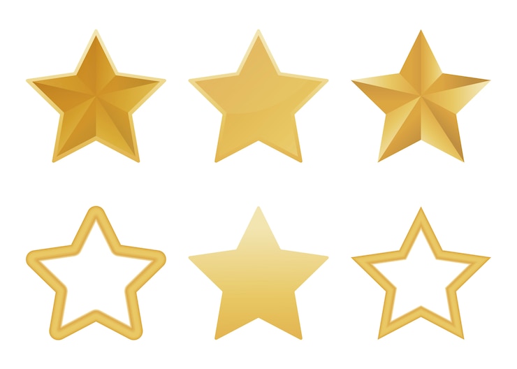 Vector set of realistic golden 3d star isolated on white