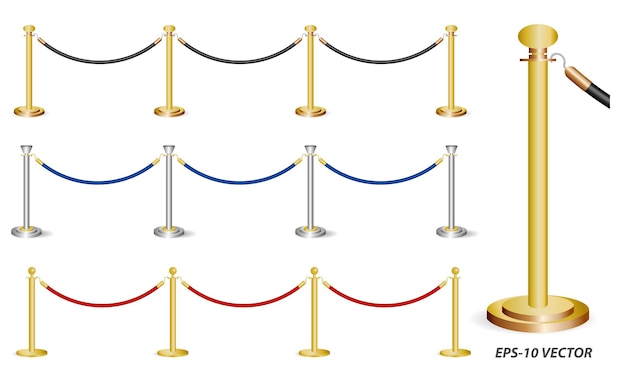 set of realistic golden barricade or stand barrier rope isolated eps vector