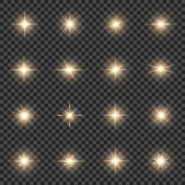 Set of realistic golden burst lights bright stars sparkles Vector illustration