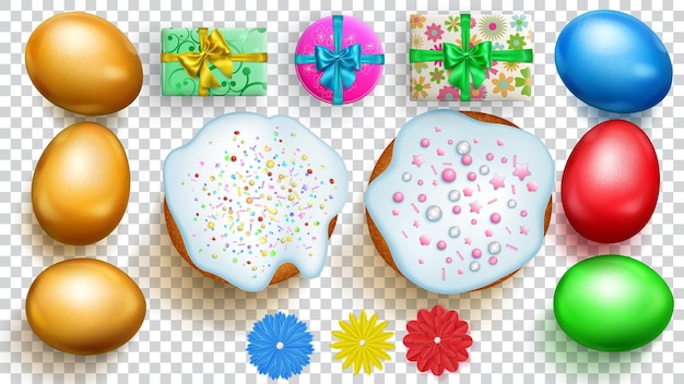 Set of realistic golden and colored Easter eggs cakes flowers and gift boxes with soft shadows on transparent background