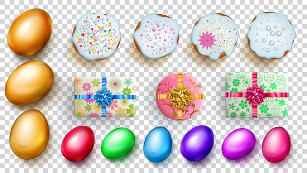 Set of realistic golden and colored Easter eggs cakes and gift boxes with soft shadows on transparent background