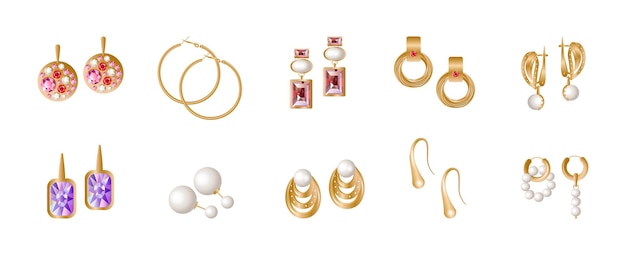 Vector set of realistic golden earrings. jewelry with precious stones.