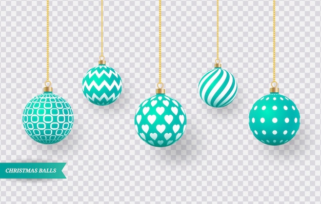 Set of realistic green Christmas balls with various patterns.