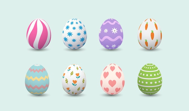 Set of realistic Happy Easter eggs with different colors on white background. Cute eggs  on spring holiday.