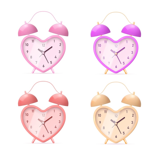 Set of realistic heart shaped alarm clocks