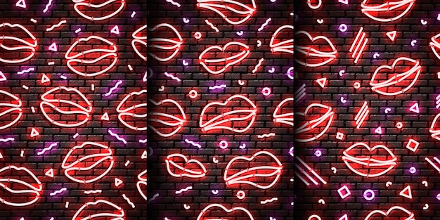 Set di segno al neon isolato realistico del reticolo senza giunte con le labbra