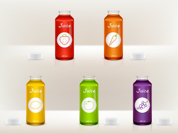 set of realistic juice bottles, jars. Glass, plastic transparent containers 