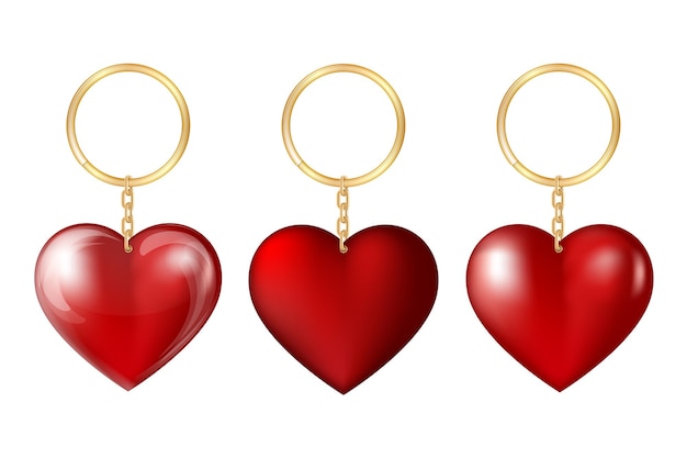 Set of Realistic keychains red heart shape holder trinket for key with golden ring