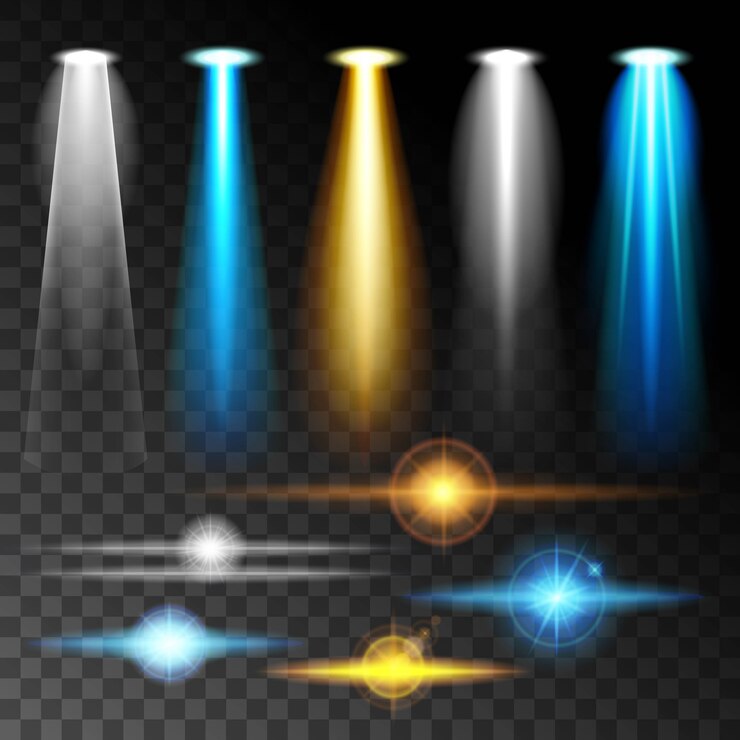 Vector set realistic light shine bright blue glare of lamps