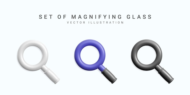 Set of realistic magnifier 3d volume lens icon collection Vector illustration