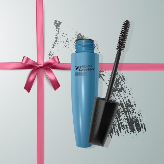 Set di mascara realistico e tratto di pennello, bellezza e illustrazione cosmetica.