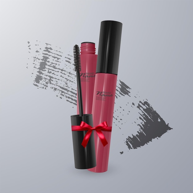 Set di mascara realistico e tratto di pennello, bellezza e illustrazione cosmetica.