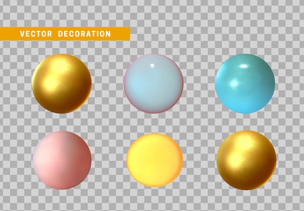 Set of realistic metal balls, round glass spheres. Collection of colorful ball 3d design. Isolated on transparent background. vector illustration