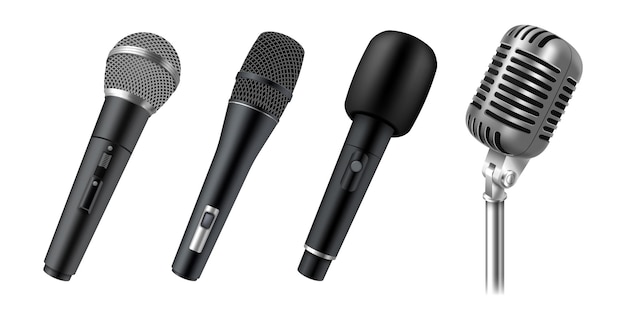 Set of realistic microphones for stage, vocal, karaoke or public speech isolated on white background. Modern and vintage audio equipment. 3d vector illustration