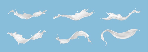 Set of realistic milk splashes of various shape with drops isolated on blue background Vector realistic illustration