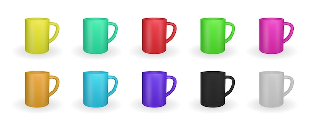 Set of realistic mugs in various colors isolated