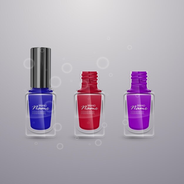 Set of realistic nail polishes of bright colors, 3d illustrations