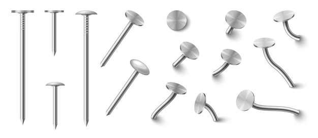 Vector set of realistic nails straight hammered into wall with steel or silver pin heads. metal hardware spikes or hobnails with grey caps. 3d vector illustration