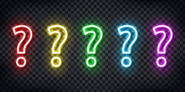 Set of realistic  neon sign of question logo for template decoration and layout covering on the transparent background. concept of quiz and faq.