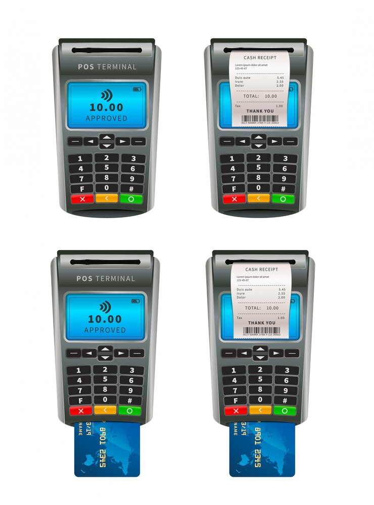 Vector set of realistic nfc pos terminals for payment by debit or credit card with shopping bill on white