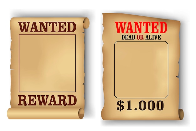 set of realistic old wanted vintage poster isolated.