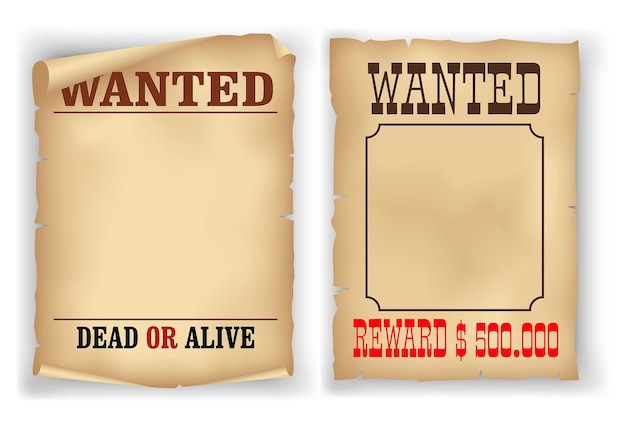 set of realistic old wanted vintage poster isolated.