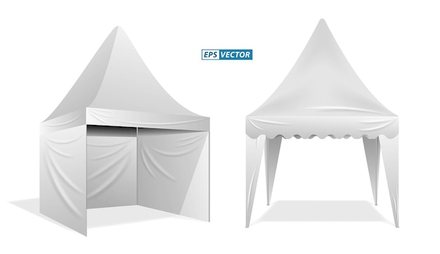 Vector set of realistic outdoor advertising promotional tent or white trade tent isolated or trade tent