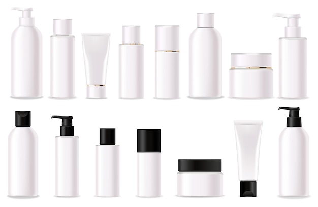 Vector set of realistic package for cosmetics product. collection plastic container with pump