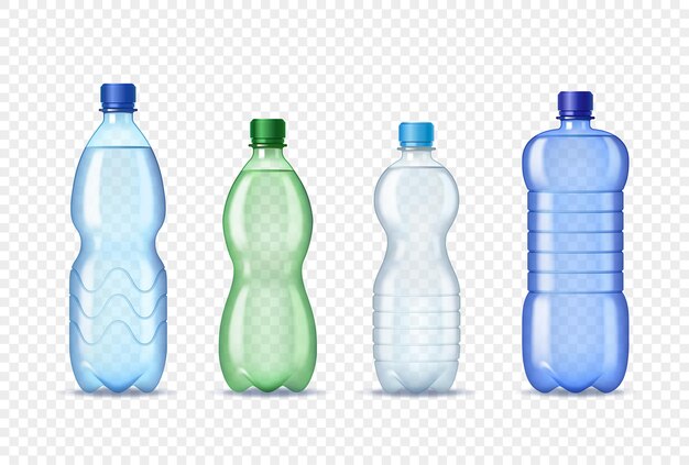 Vettore set di bottiglie di plastica realistiche con acqua.