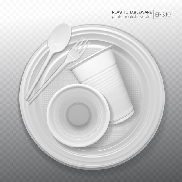 set of  realistic plastic dishes on a transparent background