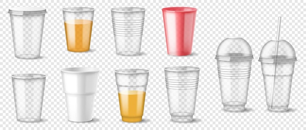 Vector set of realistic plastic glass empty and full cups for mockup disposable drinks container for branding. hot and cold beverage takeaway isolated on transparent background. 3d vector illustration