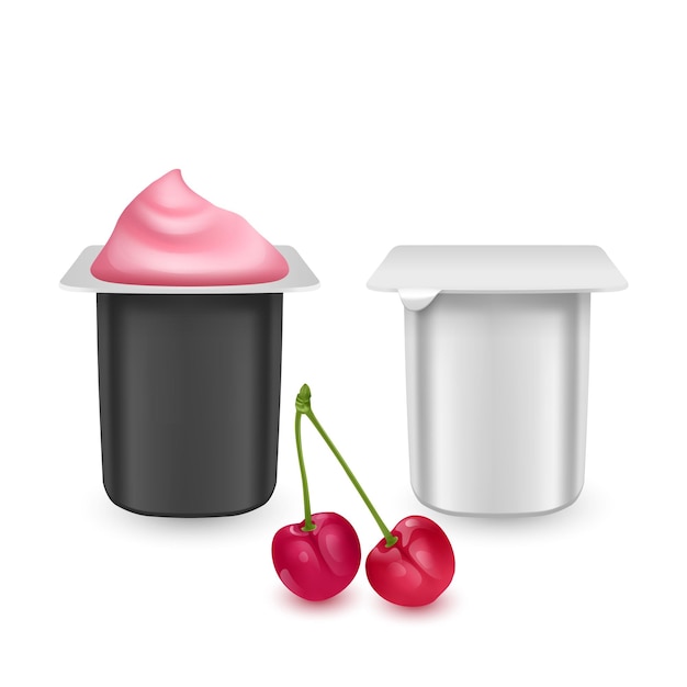 Set of realistic plastic packages with cherry yogurt. packages of black and white colors. dairy sour cream with foil lid.