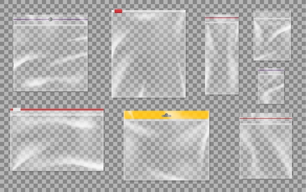 투명한 배경에 지퍼 잠금 장치가 있는 현실적인 플라스틱 지퍼 가방 세트. 식품 보관을 위한 지퍼락 패키지를 지웁니다. 포장 템플릿입니다. 3d 벡터 일러스트 레이 션