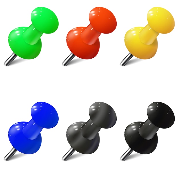 Set di puntine realistiche in diversi colori. puntine da disegno