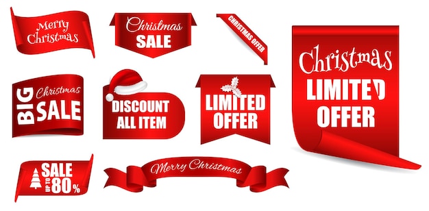 Set of realistic red banner christmas sale isolated or scroll red golden paper christmas
