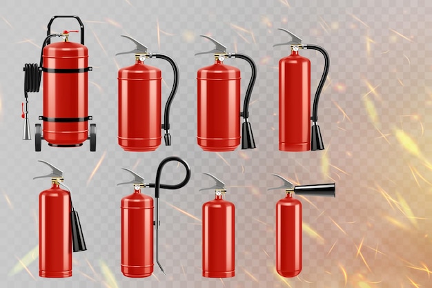 Set di estintori rossi realistici isolati sullo sfondo di scintille di fuoco di diversi tipi