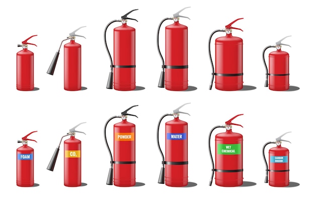 Set of realistic red extinguishers isolated