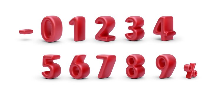 Vector set of realistic red numbers and minus sign and percent sign with shadow isolated on white background vector illustration