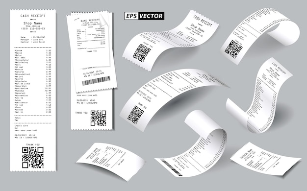 Set of realistic register sale receipt isolated or cash receipt printed on white paper concept