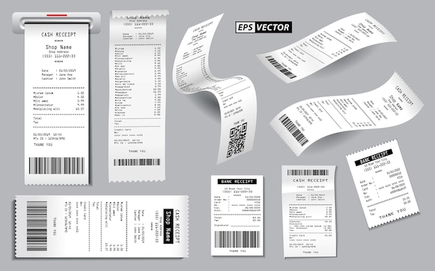 Set di ricevute di vendita di registri realistiche isolate o ricevute di contanti stampate su carta bianca concept