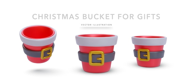 白い背景のクリスマスの装飾のベクトル図に分離された現実的なサンタ バケットのセット