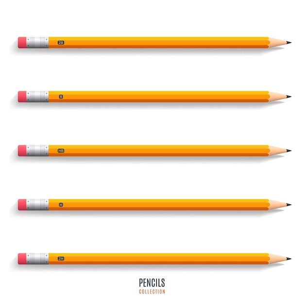 Set of realistic sharpened yellow pencils with shadow isolated on white background. stationery for drawing and work