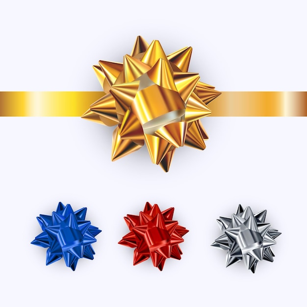 Set of realistic shiny bows isolated. golden, silver, red, blue gift bows.