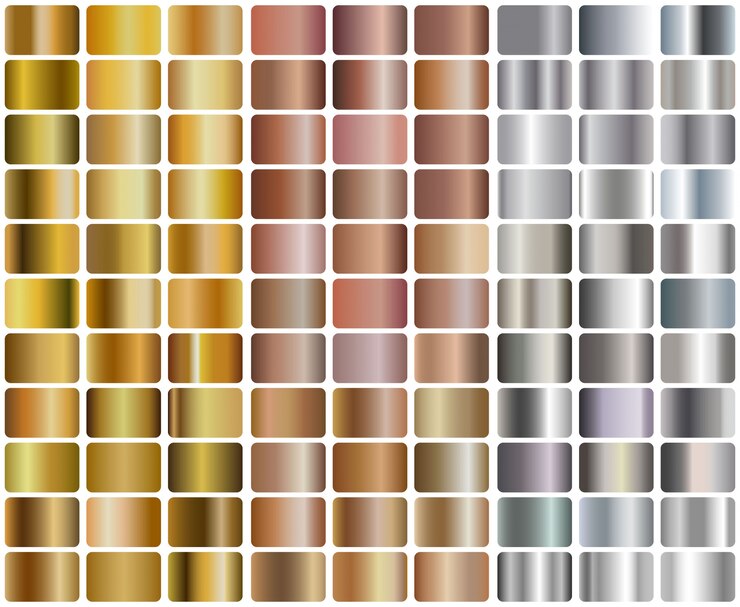 Vector set of realistic silver, rose gold and golden gradients