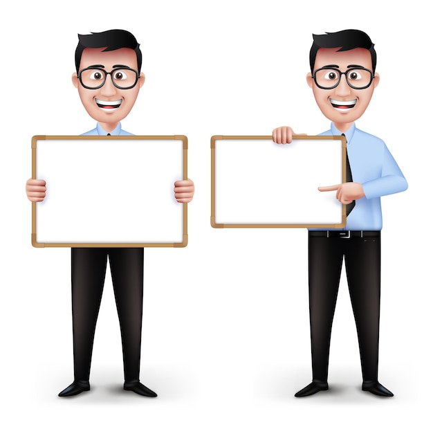 Vector set of realistic smart professor or business man characters with eyeglasses empty white board