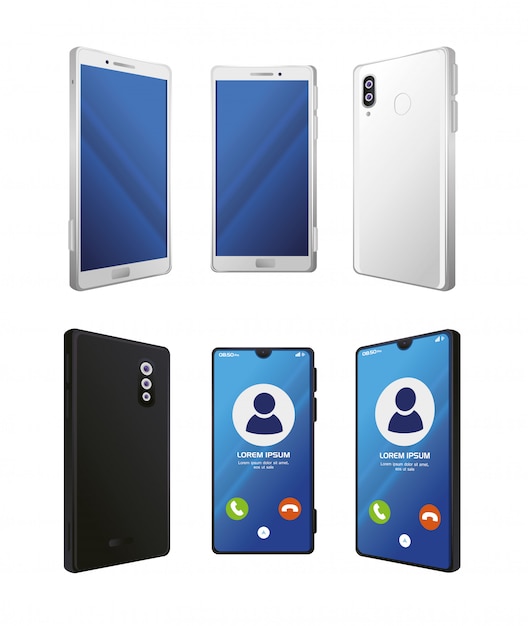 set of realistic smartphones mockup on white background