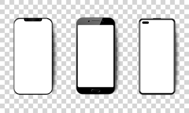 Insieme degli smartphones realistici con lo schermo in bianco, cellulare nero con lo schermo vuoto su fondo isolato, illustrazione