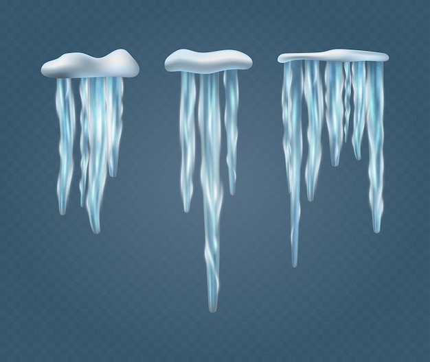 Set of realistic snow caps icicles isolated over blue background Design for winter and christmas