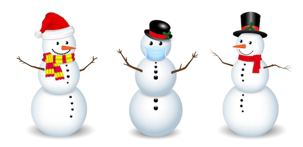 Set di pupazzo di neve realistico isolato o simpatico pupazzo di neve con cappello di babbo natale su sfondo innevato o pupazzo di neve